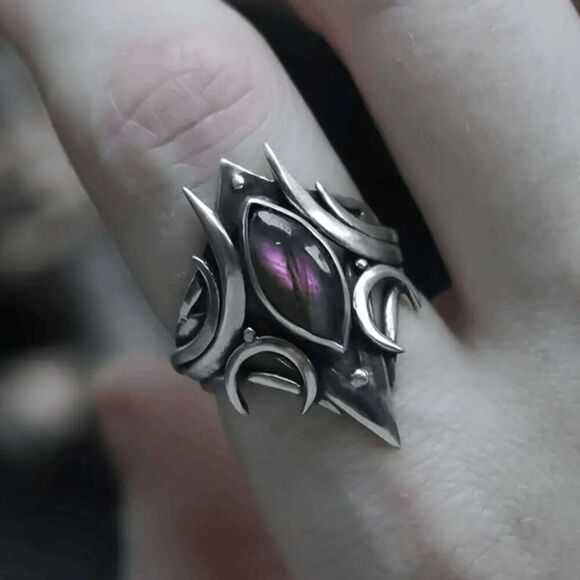 Boho Purple Amethyst Crescent Moon Ring - Picture 1 of 6